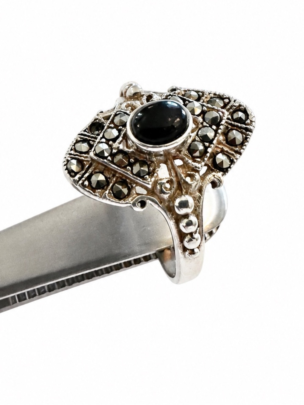 Antique 1920s Art Deco Sterling Silver Black Onyx Marcasite Ring Size 10 - Picture 7 of 11